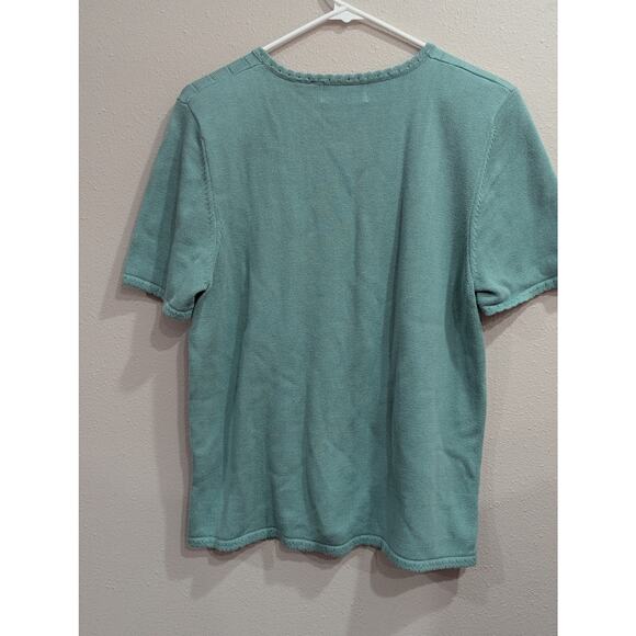 Pretty VINTAGE 1990s Alfred Dunner aqua short sleeve knit floral sweater size M - Picture 5 of 9